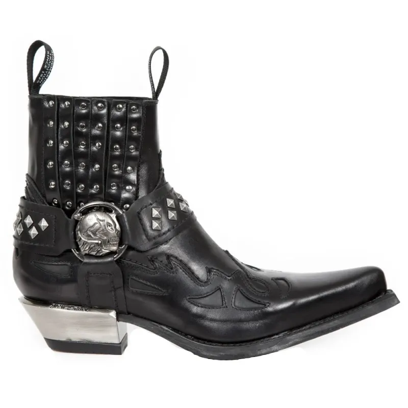 NEW ROCK M.7950-S1 Black Ankle Boots Western Goth Strap Skull Stud Metal sold by Tru Clothing