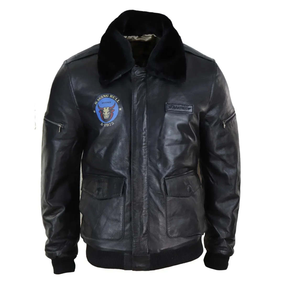 Men's Leather Bomber Jacket Aviator Fur Collar Pilot Raging Bull sold by Tru Clothing
