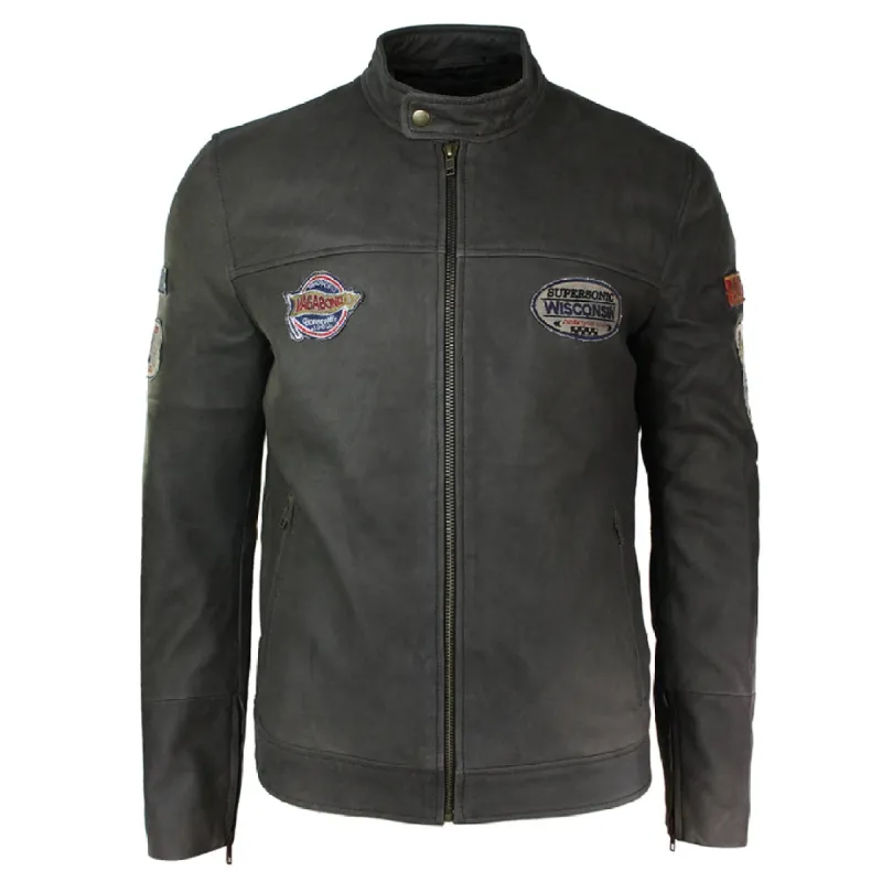 Men's Brown Leather Racer Badge Biker Jacket Washed Distressed sold by Tru Clothing