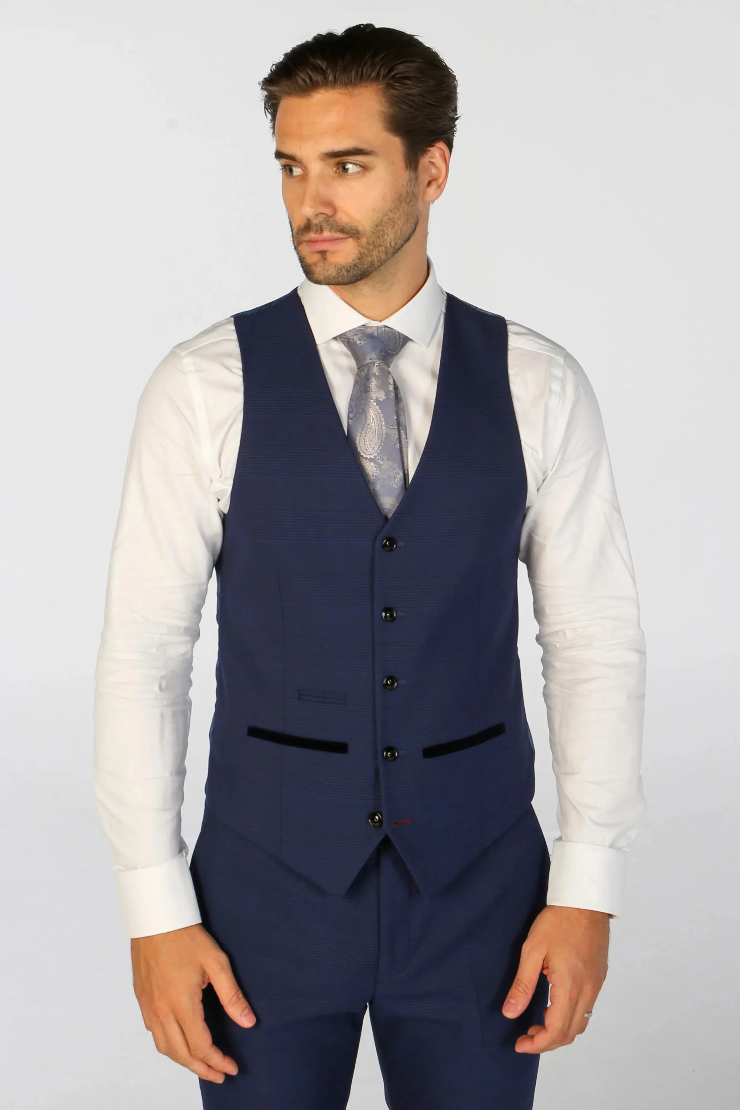 Mark - Men's Navy Blue Checked Tailored Fit Waistcoat sold by Tru Clothing
