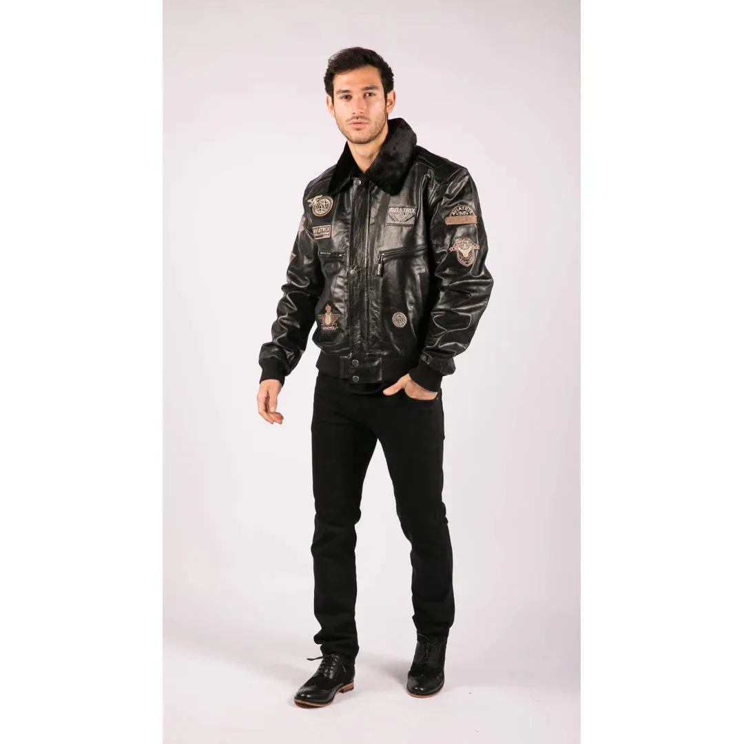 Men's Black Leather Bomber Aviator Badge Pilot Jacket Removable Fur Collar sold by Tru Clothing product image thumbnail 2