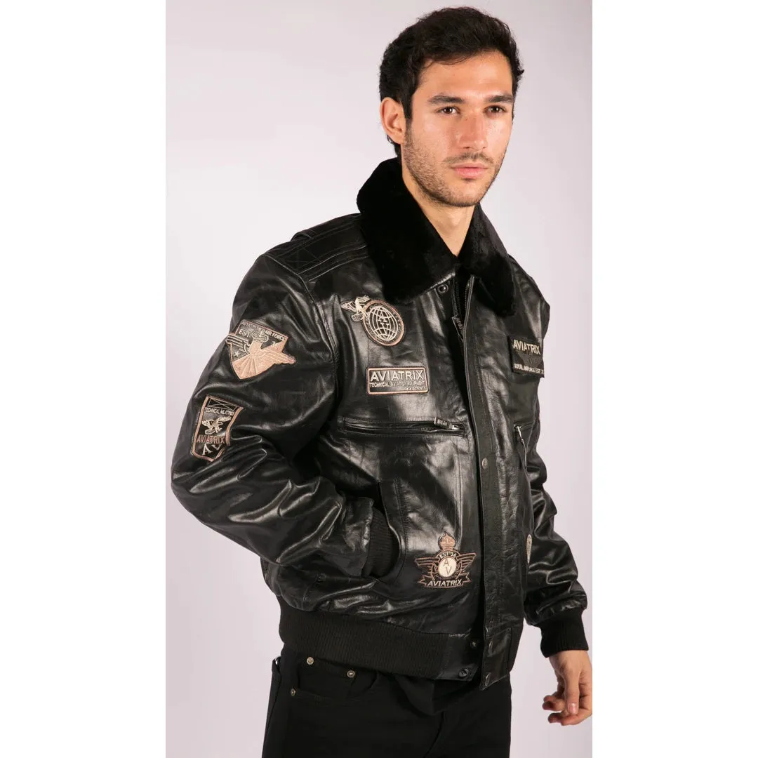 Men's Black Leather Bomber Aviator Badge Pilot Jacket Removable Fur Collar sold by Tru Clothing product image thumbnail 3