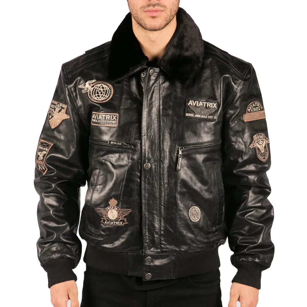Men's Black Leather Bomber Aviator Badge Pilot Jacket Removable Fur Collar sold by Tru Clothing