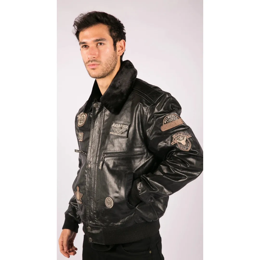 Men's Black Leather Bomber Aviator Badge Pilot Jacket Removable Fur Collar sold by Tru Clothing product image thumbnail 4