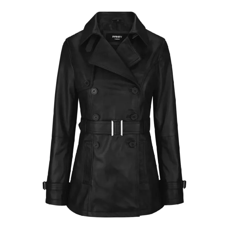 Women's Leather Belted Coat Black Burgundy Green Brown Tan sold by Tru Clothing