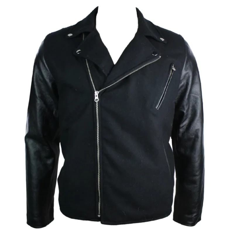 Mens Wool Brando Style Jacket Real Leather Sleeves Retro Vintage Biker Black made by Tru Clothing