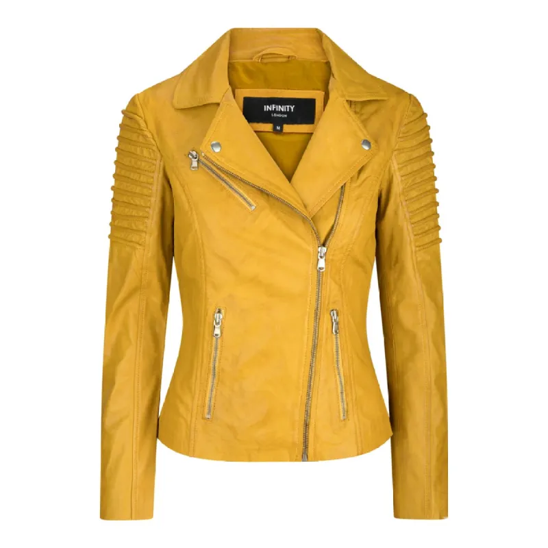 Women's Leather Yellow Biker Jacket sold by Tru Clothing