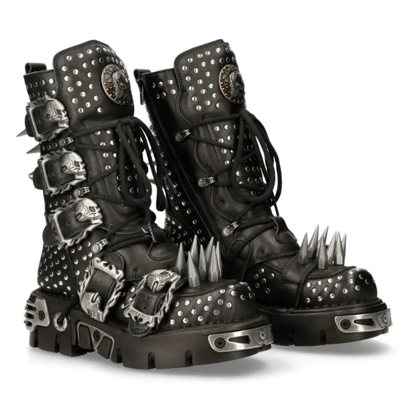 New Rock 1535-S1 Black Leather Military High Boots Metal Spikes Buckles Punk EMO sold by Tru Clothing