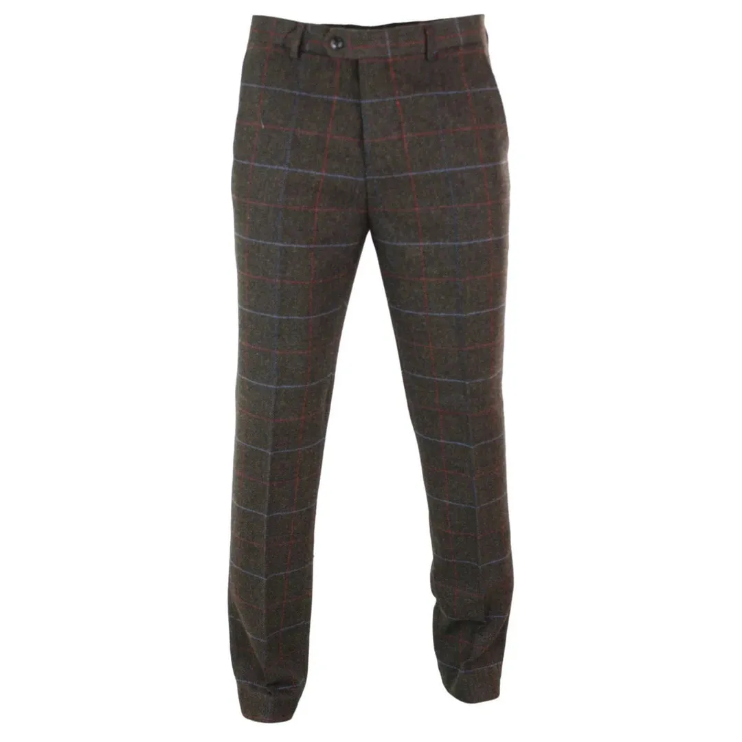 Tommy - Men's Herringbone Tweed Check Brown Trousers sold by Tru Clothing
