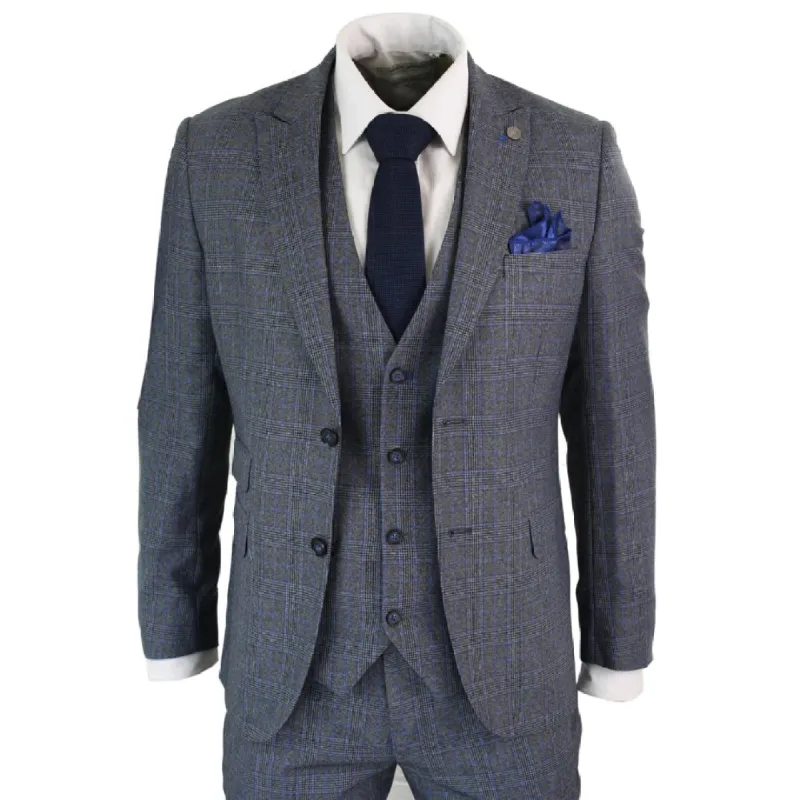 Henry - Men's 3 Piece Prince Of Wales Check Grey Blue Tweed Suit sold by Tru Clothing