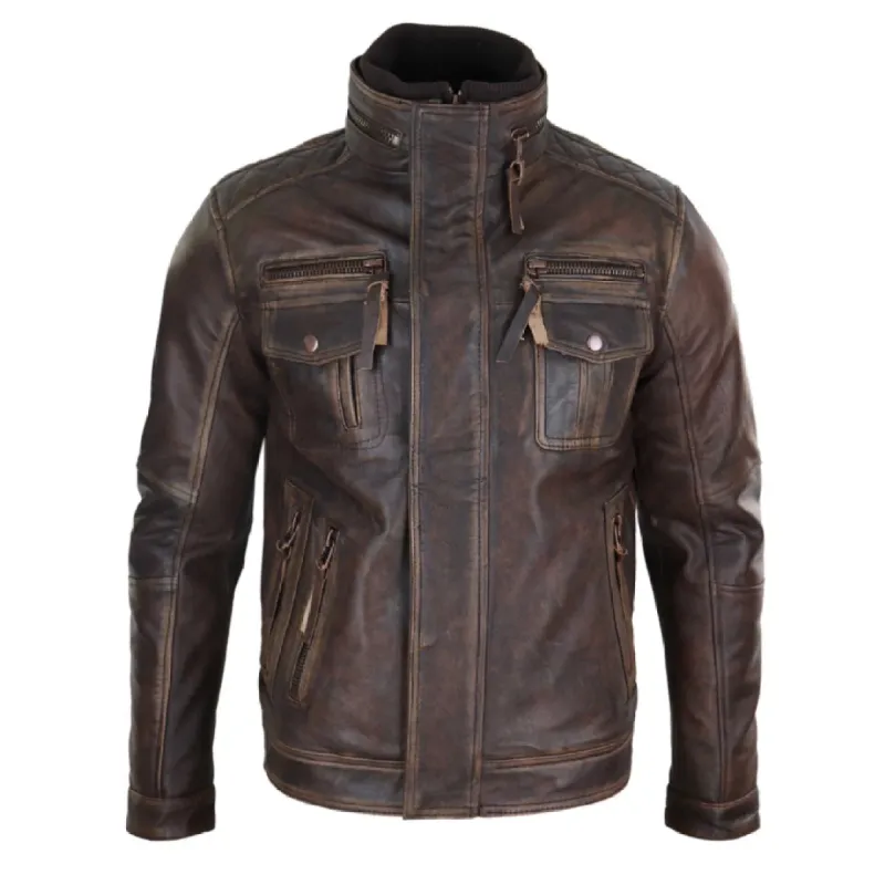 Men's Distressed Leather Biker Jacket Brown sold by Tru Clothing