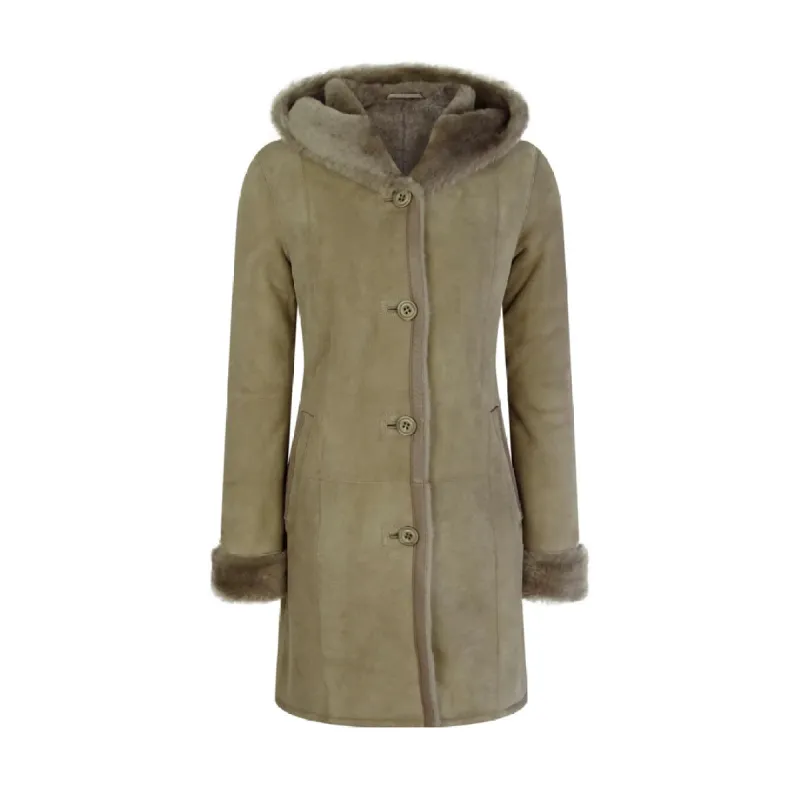 Women's Beige 3/4 Long Hood Morino Sheepskin Jacket Button Brown sold by Tru Clothing