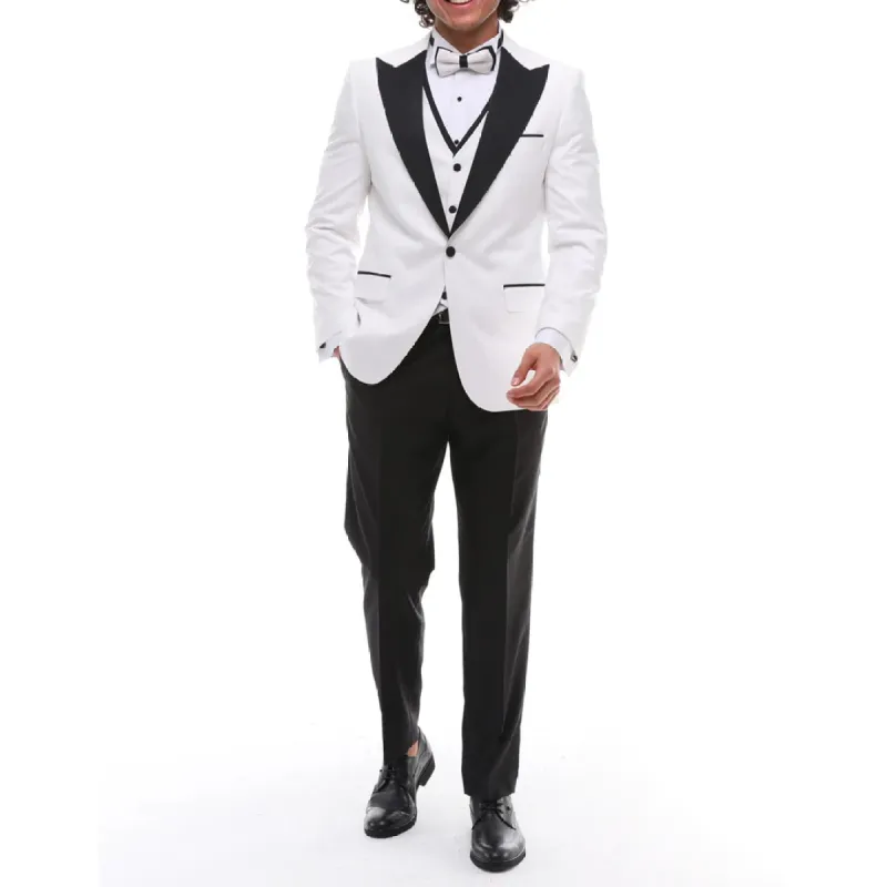 SP2302 - Men's 3 Piece Dinner Suit Wedding Prom Tuxedo Black Tie White Black Classic Bond sold by Tru Clothing