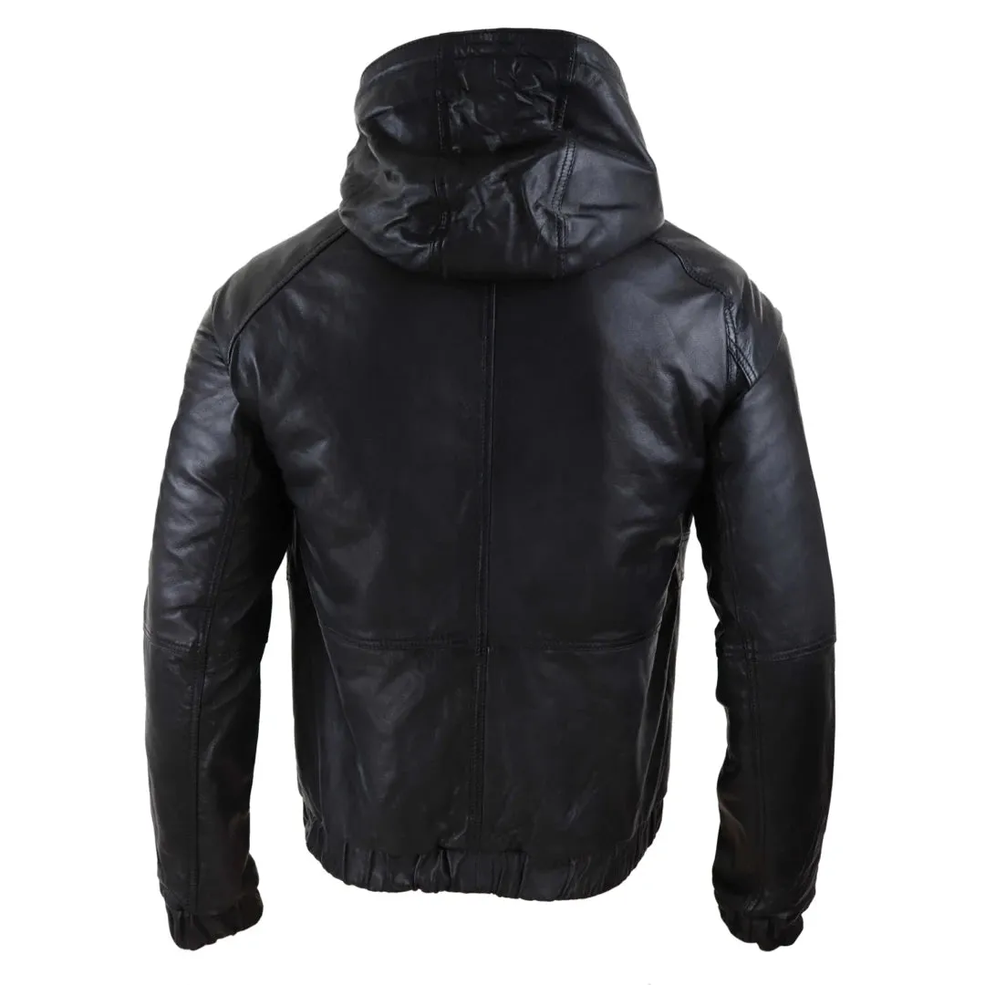 Men's Leather Hood Bomber Jacket Tan Brown Black Zipped sold by Tru Clothing product image thumbnail 5