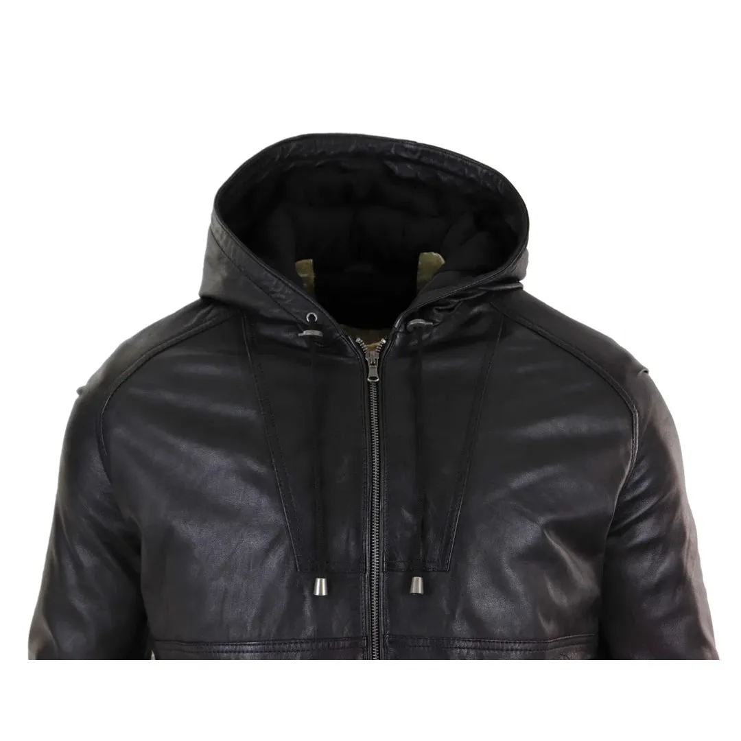 Men's Leather Hood Bomber Jacket Tan Brown Black Zipped sold by Tru Clothing product image thumbnail 3