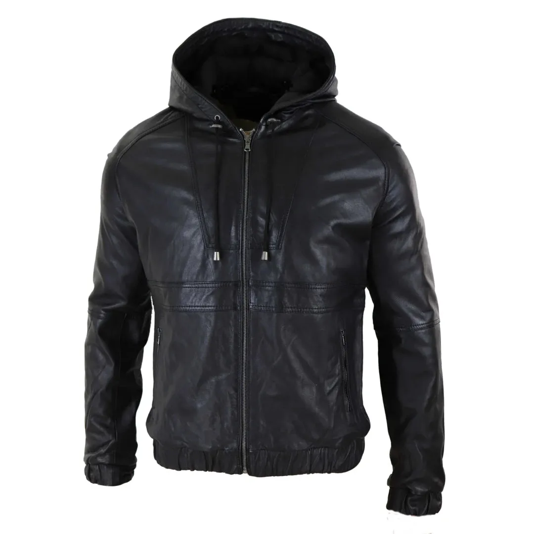 Men's Leather Hood Bomber Jacket Tan Brown Black Zipped sold by Tru Clothing product image thumbnail 2