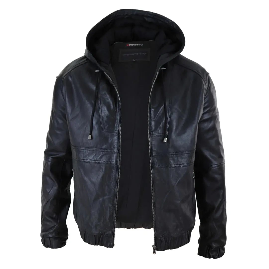 Men's Leather Hood Bomber Jacket Tan Brown Black Zipped sold by Tru Clothing product image thumbnail 4