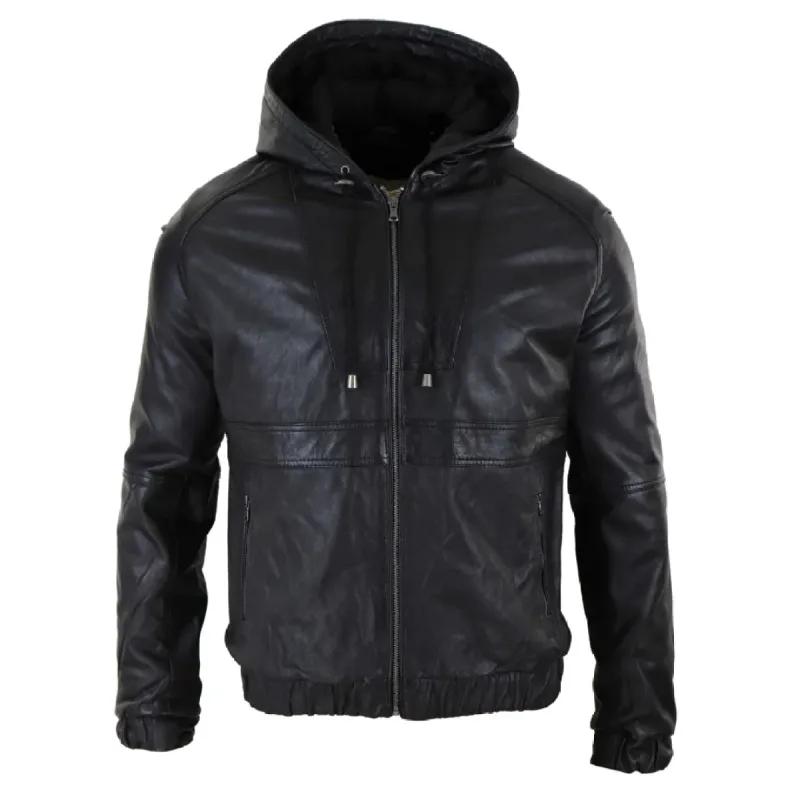 Men's Leather Hood Bomber Jacket Tan Brown Black Zipped sold by Tru Clothing