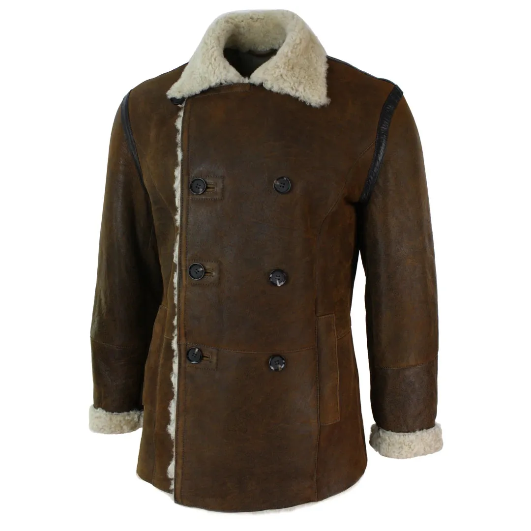 Men's Shearling German Navy Sheepskin Double Breasted Jacket Khaki Black sold by Tru Clothing product image thumbnail 3