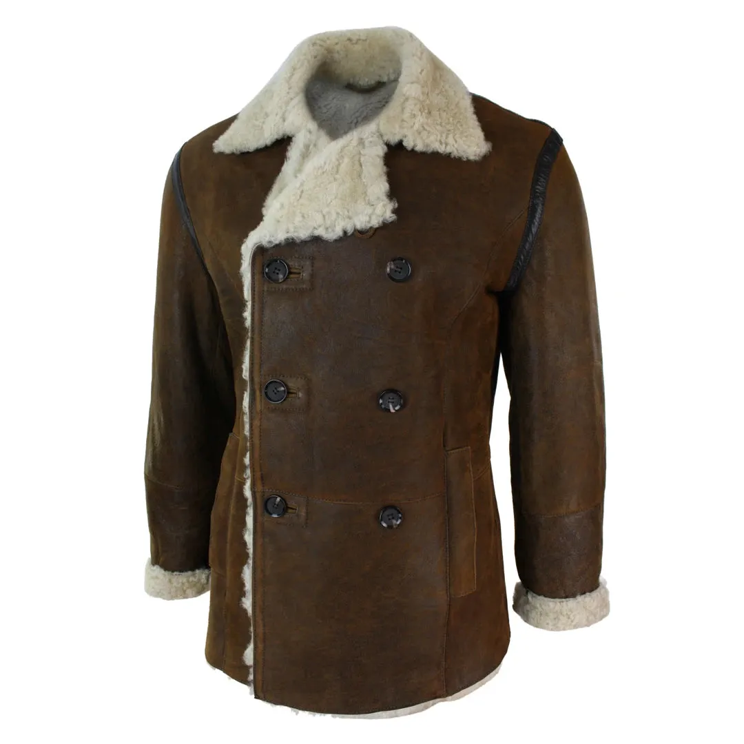 Men's Shearling German Navy Sheepskin Double Breasted Jacket Khaki Black sold by Tru Clothing product image thumbnail 2