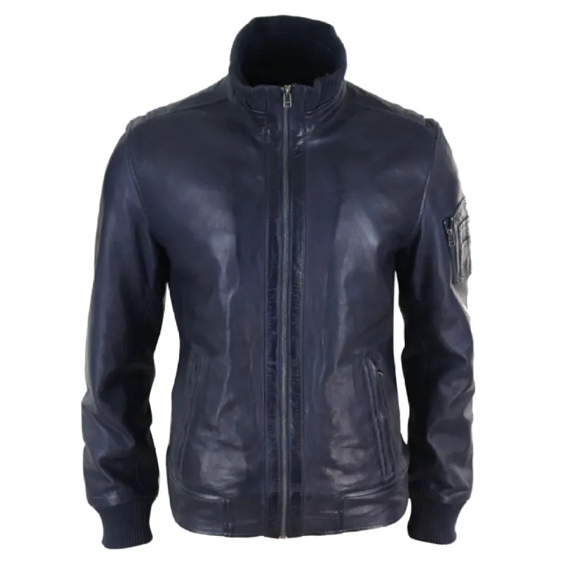 Men's Leather Bomber Jacket Blue Brown High Elasticated Neck sold by Tru Clothing