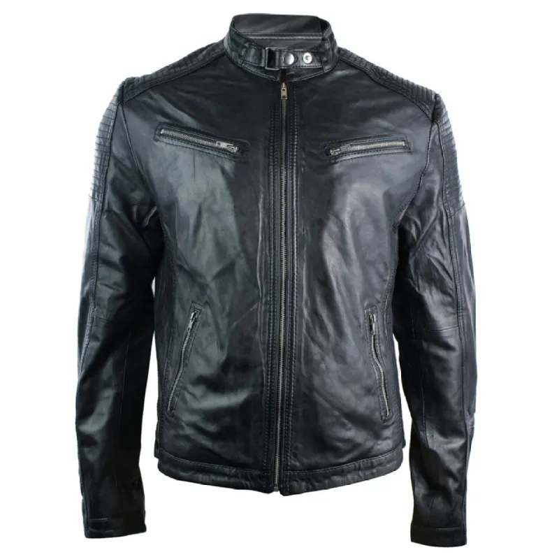 Men's Washed Leather Fitted Short Biker Jacket sold by Tru Clothing