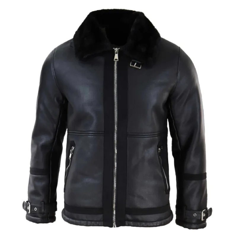 Men's Black RAF Pilot Flying Jacket Faux Sheepskin Leather Zipped Warm Fleece sold by Tru Clothing