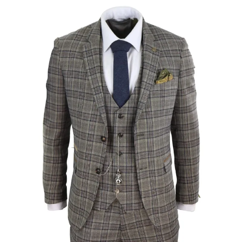 Enzo - Men's Herringbone Tweed Tan 3 Piece Suit With Pocket Watch sold by Tru Clothing