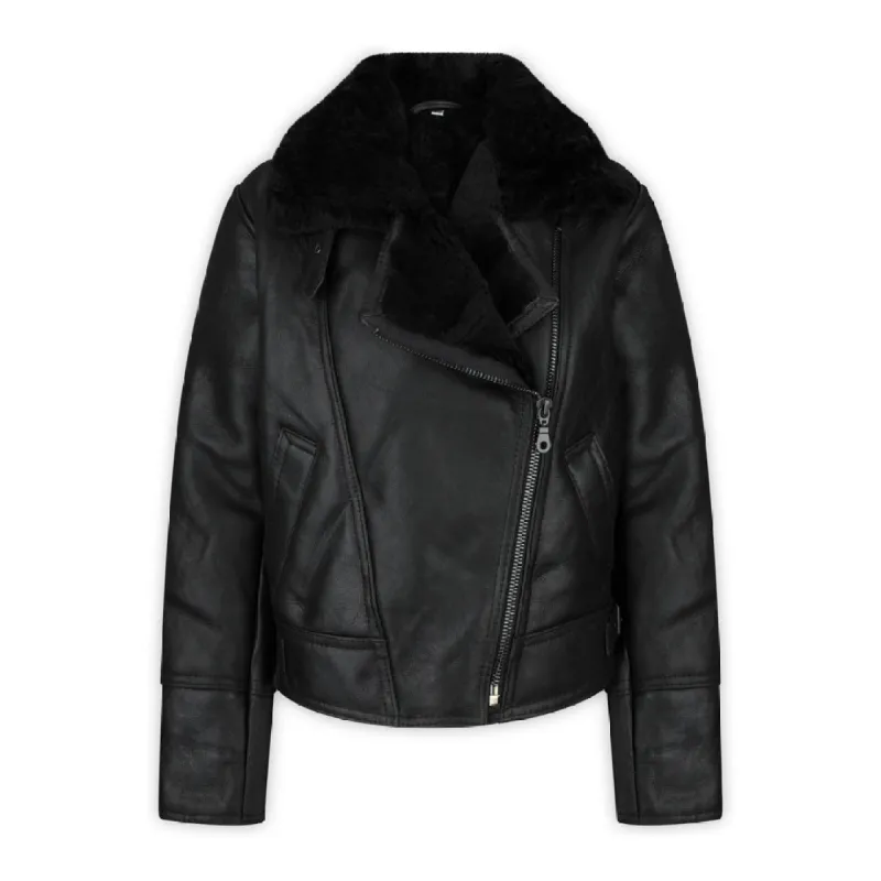 Women's Sheepskin Jacket Leather Biker Black Aviator Flying sold by Tru Clothing