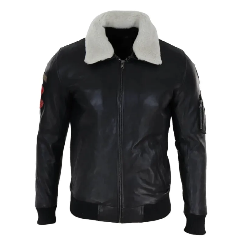Men's Black Leather Pilot Jacket Bomber Air Force Aviator White Fur Collar sold by Tru Clothing