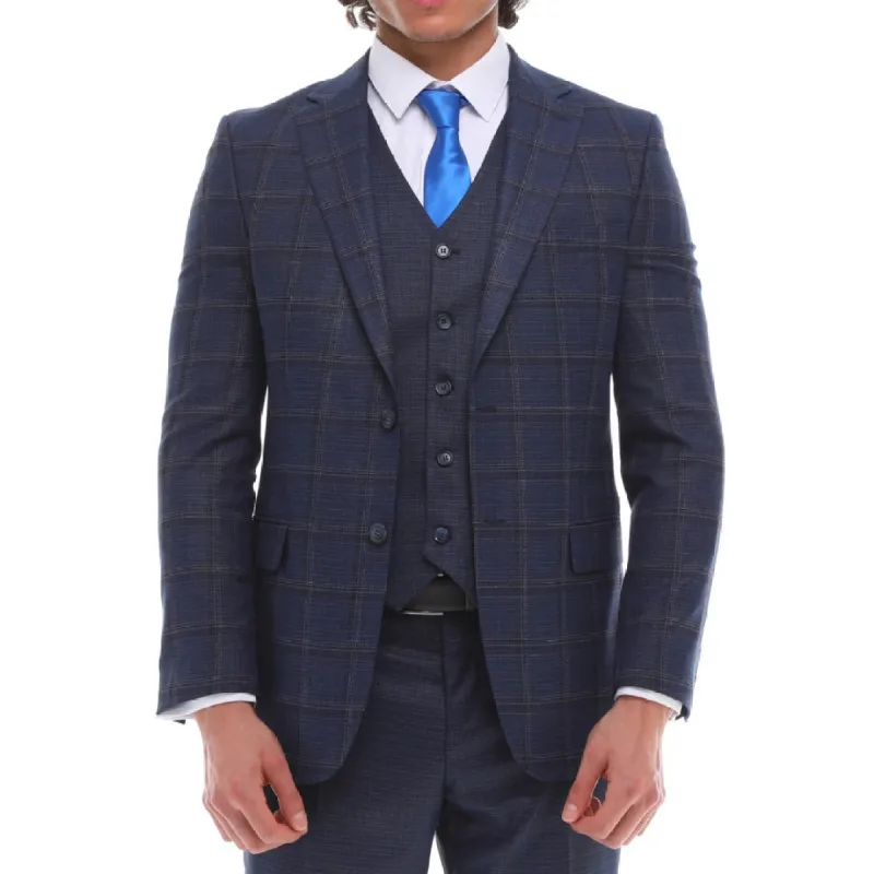 BR23-K02 - Men's 3 Piece Suit Navy Check Contrasting Waistcoat Trousers Wedding sold by Tru Clothing