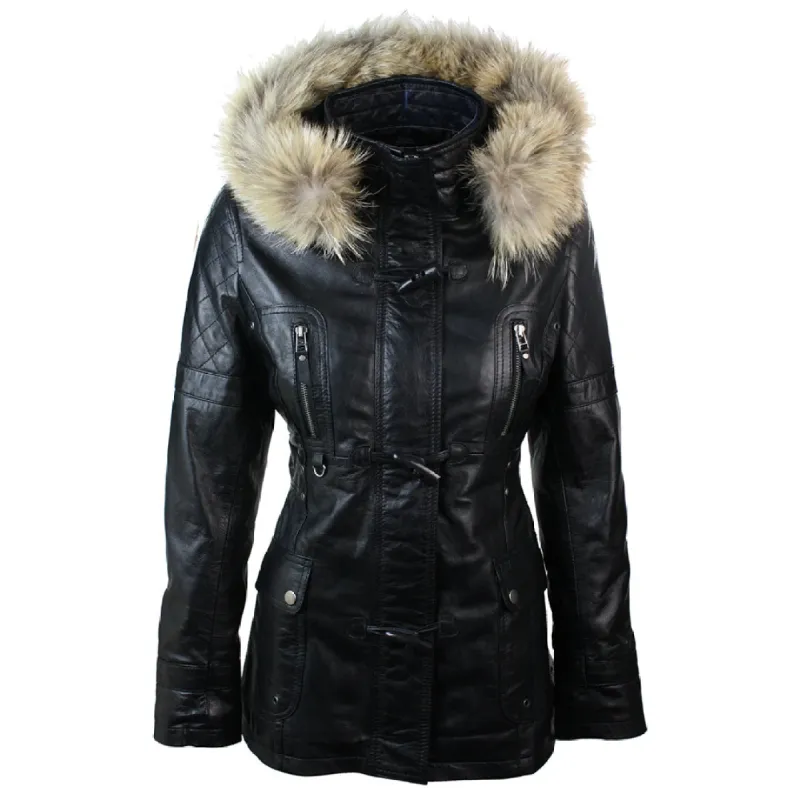 Women's Leather Trench Mid Length Hooded Raccoon Fur Winter Jacket sold by Tru Clothing