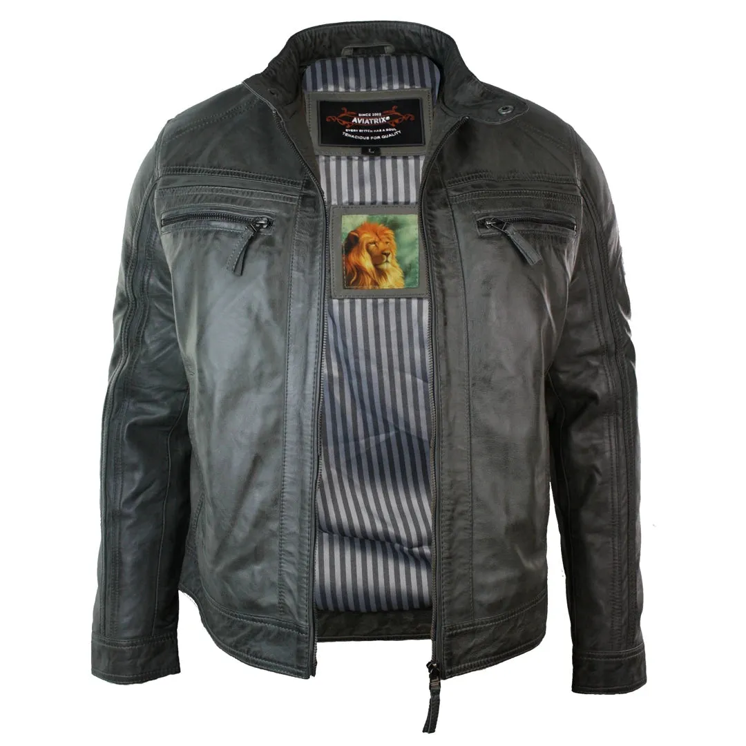 Men's Zipped Biker Jacket Leather Soft Grey sold by Tru Clothing product image thumbnail 3