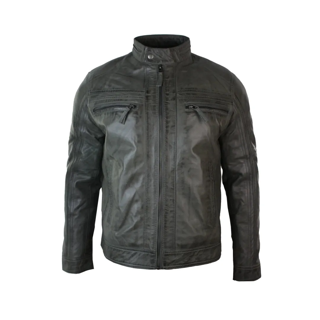 Men's Zipped Biker Jacket Leather Soft Grey sold by Tru Clothing