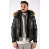 Men's Fur Hood Bomber Leather Jacket Black Puffer Padded sold by Tru Clothing