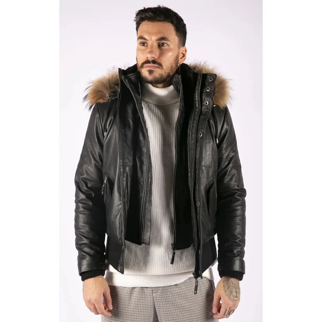 Men's Fur Hood Bomber Leather Jacket Black Puffer Padded sold by Tru Clothing product image thumbnail 3