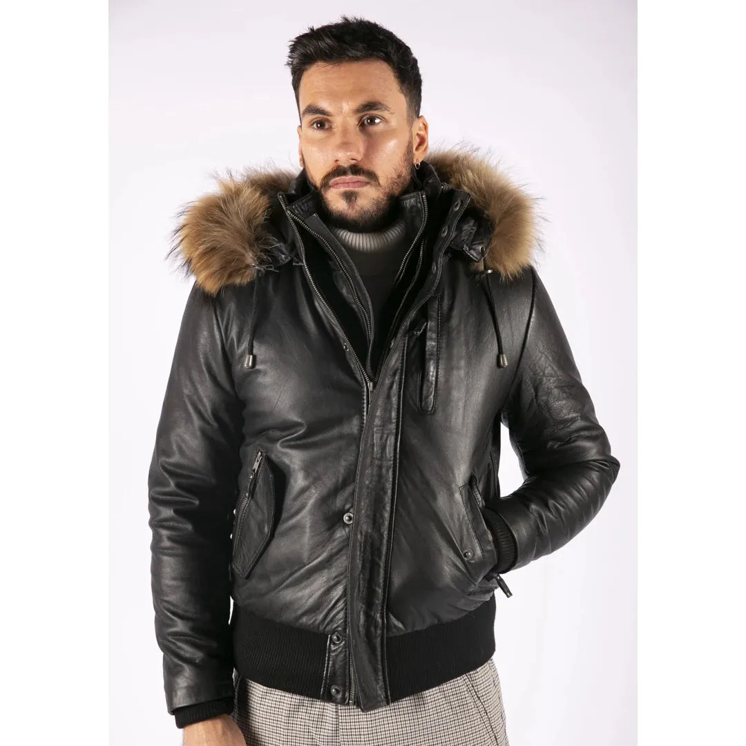 Men's Fur Hood Bomber Leather Jacket Black Puffer Padded sold by Tru Clothing product image thumbnail 2