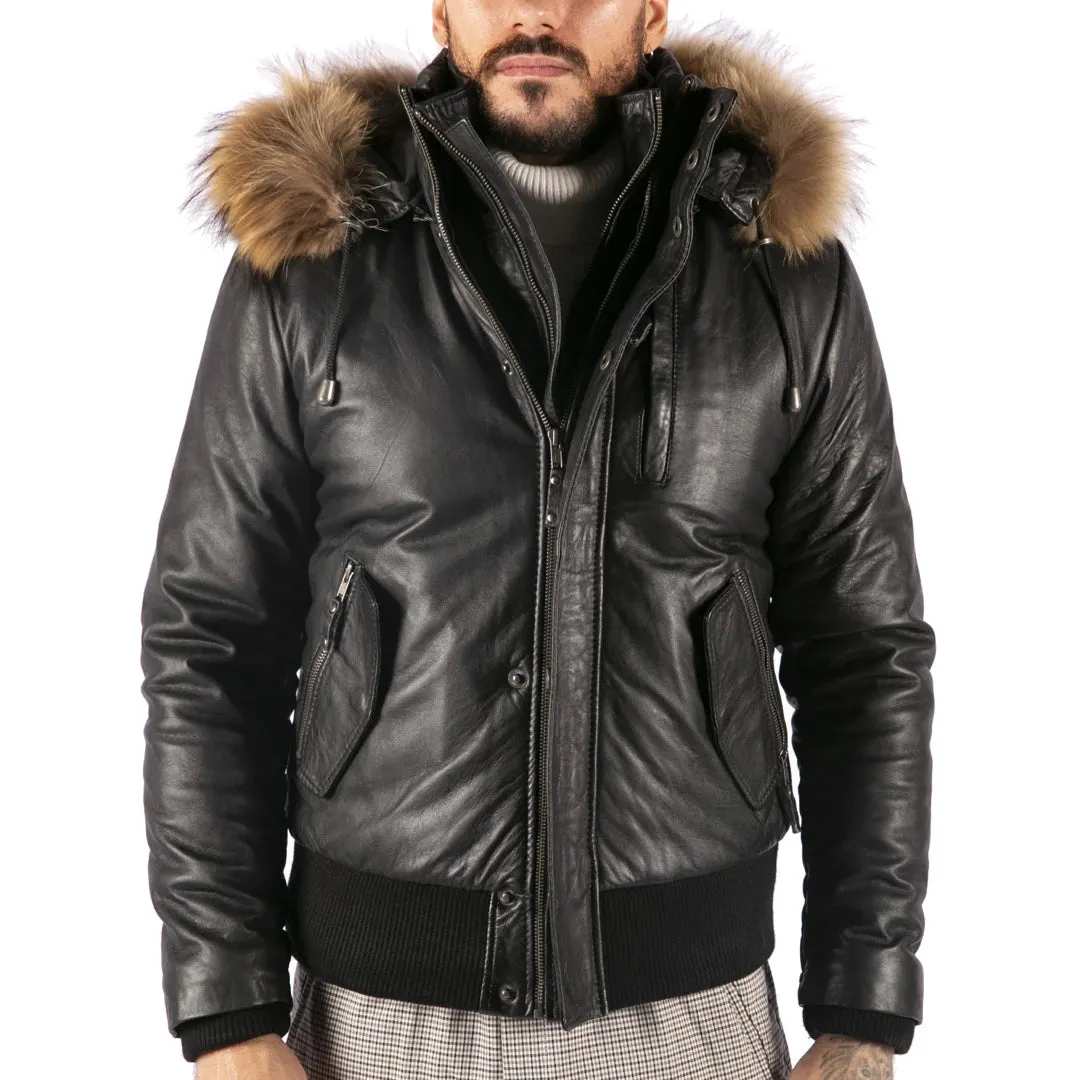 Men's Fur Hood Bomber Leather Jacket Black Puffer Padded sold by Tru Clothing