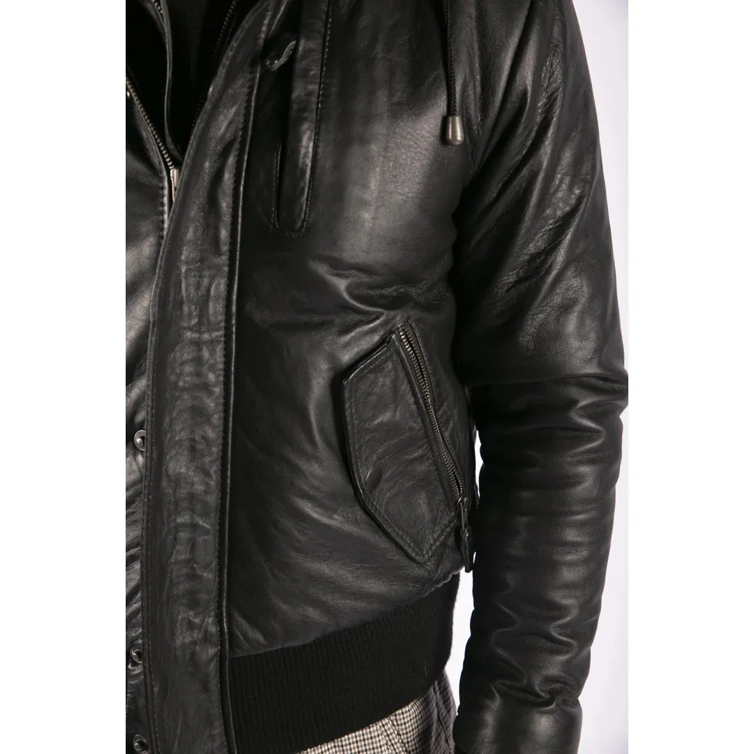 Men's Fur Hood Bomber Leather Jacket Black Puffer Padded sold by Tru Clothing product image thumbnail 4