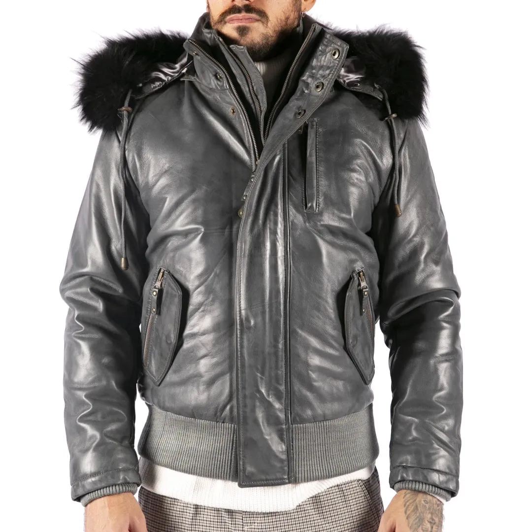 Men's Fur Hood Bomber Leather Jacket Black Puffer Padded sold by Tru Clothing product image thumbnail 5