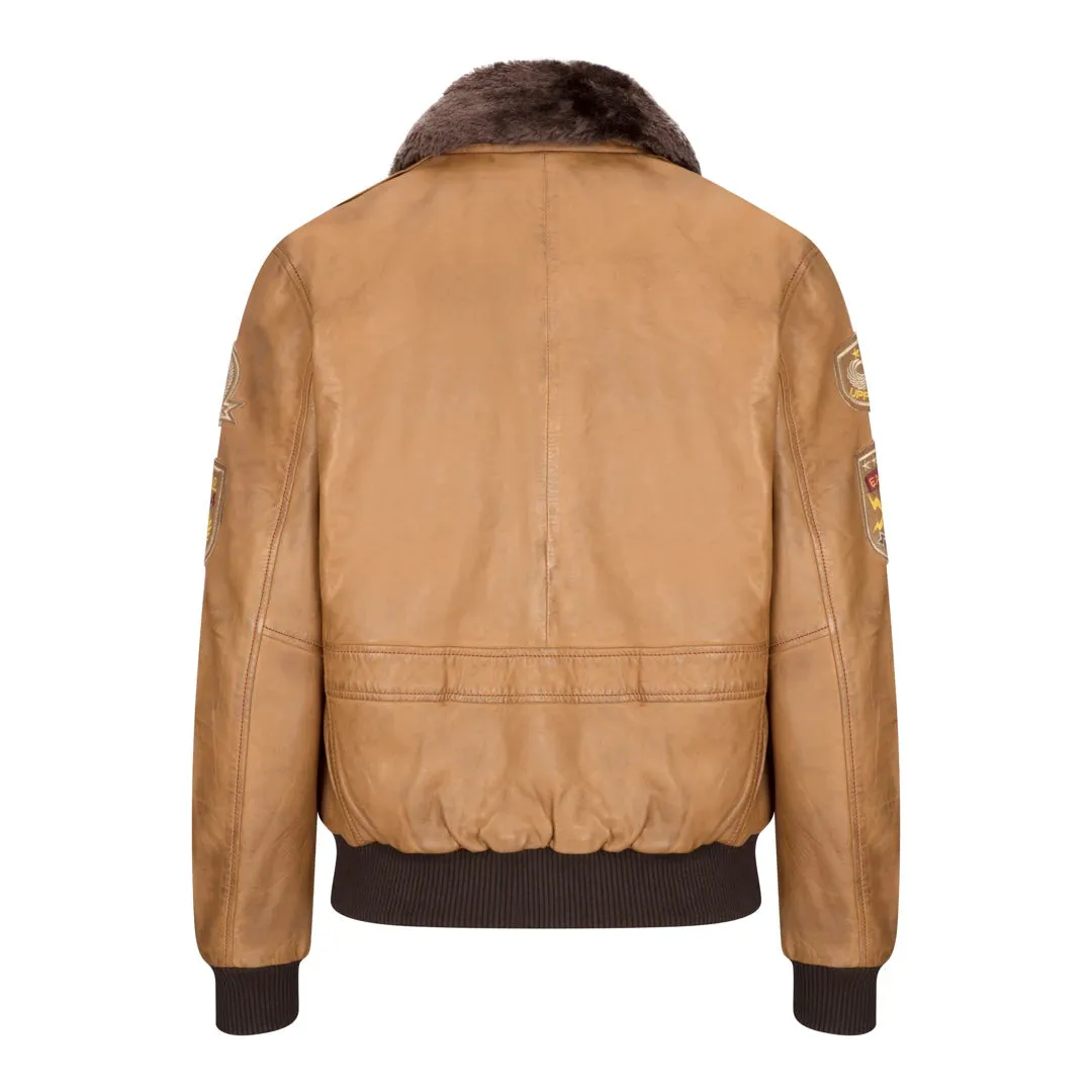 Men's Aviator Flying Pilot Bomber Jacket Tan Removable Black Fur Collar sold by Tru Clothing product image thumbnail 5