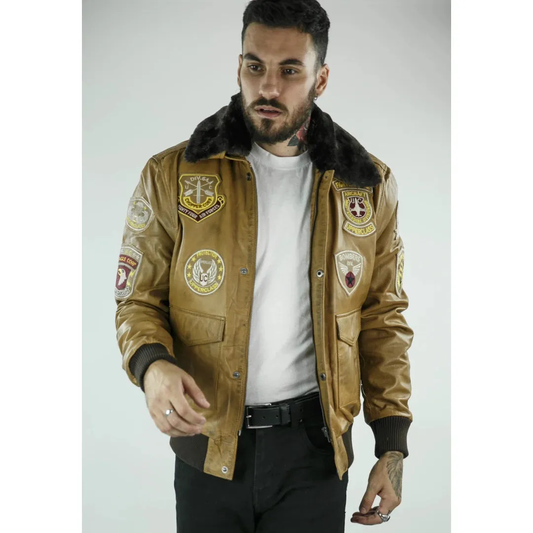 Men's Aviator Flying Pilot Bomber Jacket Tan Removable Black Fur Collar sold by Tru Clothing product image thumbnail 2