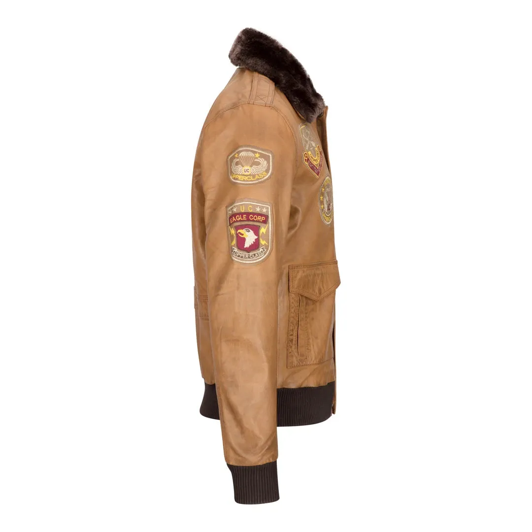 Men's Aviator Flying Pilot Bomber Jacket Tan Removable Black Fur Collar sold by Tru Clothing product image thumbnail 3
