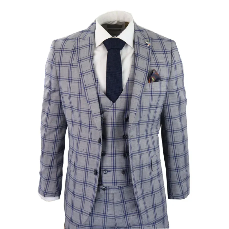 Men's 1920s Grey 3 Piece Suit Blue Check Double Breasted Waistcoat Classic Blinders sold by Tru Clothing