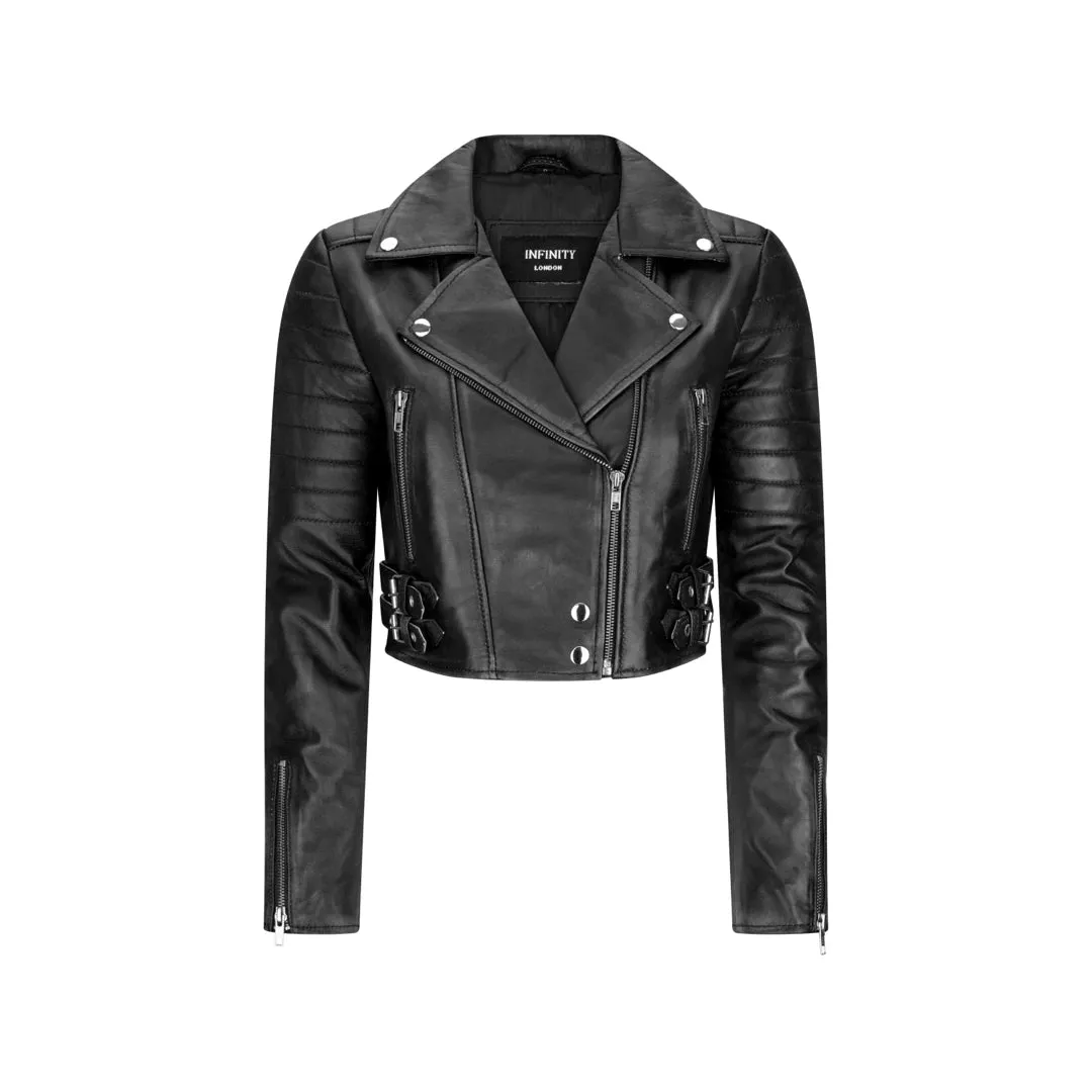 Women's Short Leather Jacket Cross Zip Biker Brando Soft Classic sold by Tru Clothing