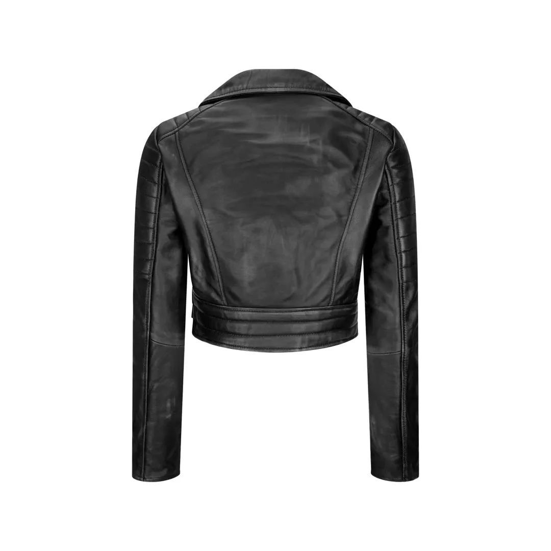 Women's Short Leather Jacket Cross Zip Biker Brando Soft Classic sold by Tru Clothing product image thumbnail 4