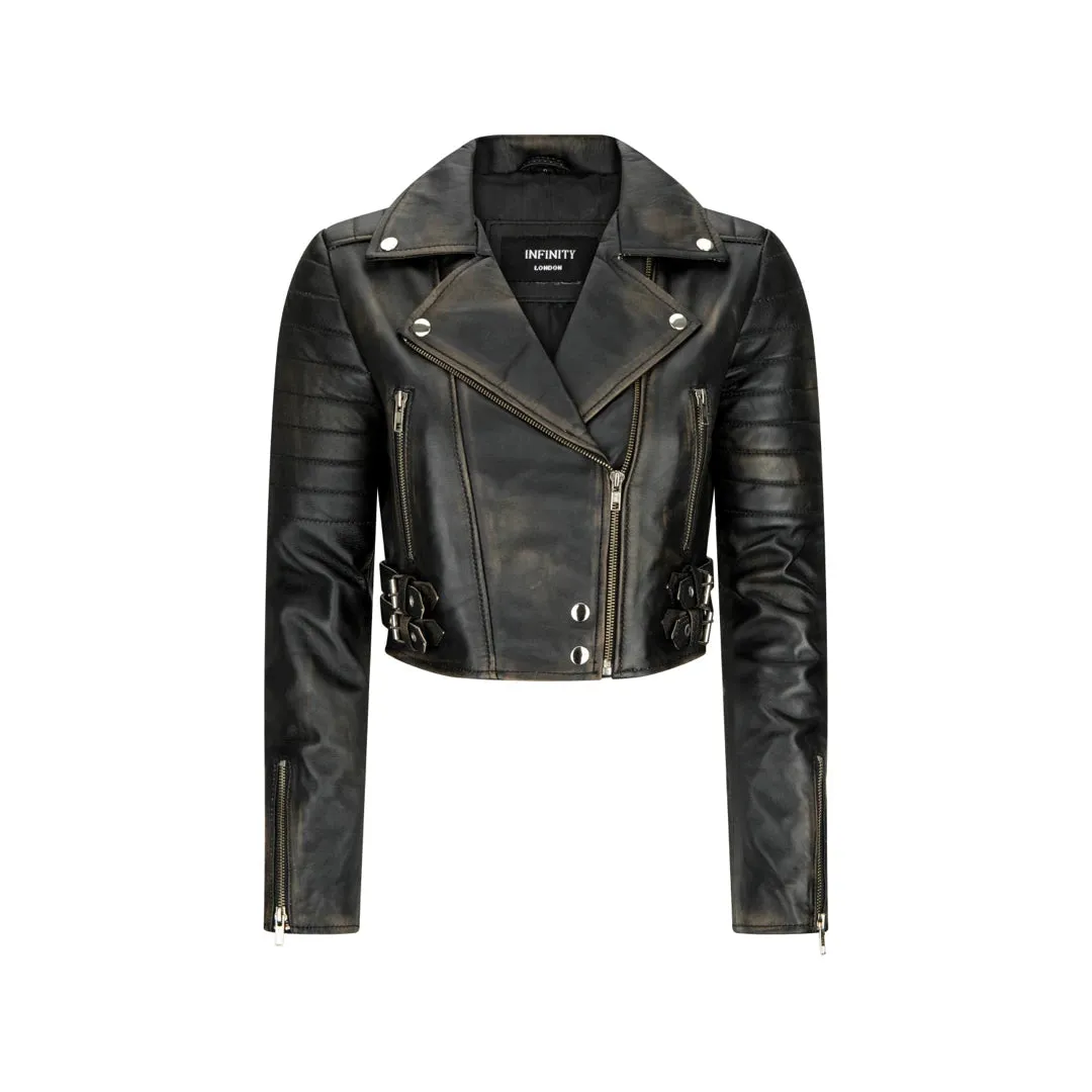Women's Short Leather Jacket Cross Zip Biker Brando Soft Classic sold by Tru Clothing product image thumbnail 5