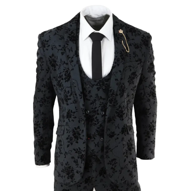 Georgi - Men's Black 3 Piece Suit Paisley Velvet Wedding Groom Best Man sold by Tru Clothing