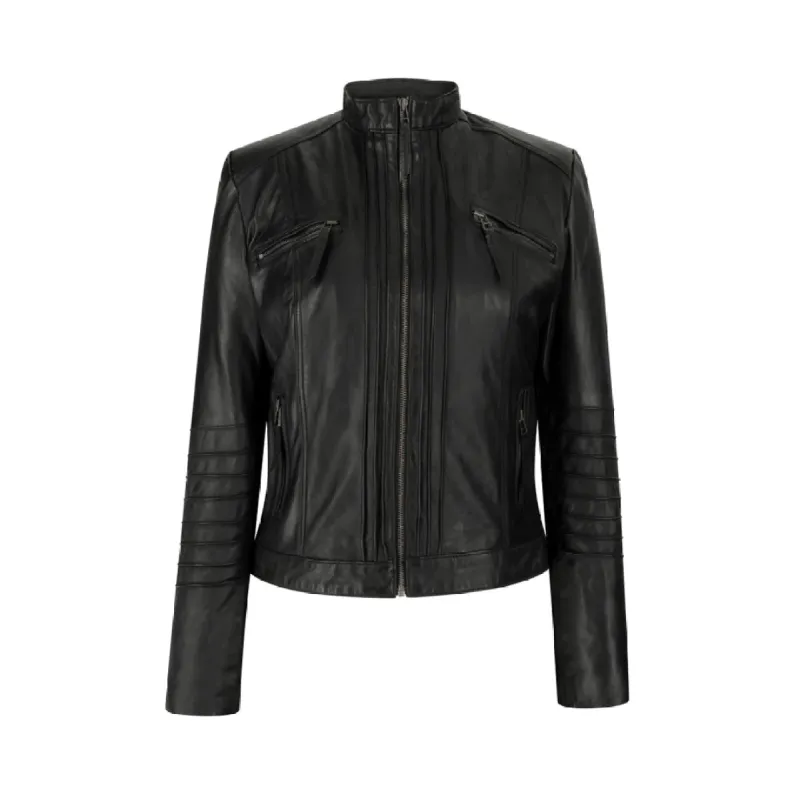 Women's Biker Jacket Leather Zipped Fit Nehru Collar sold by Tru Clothing