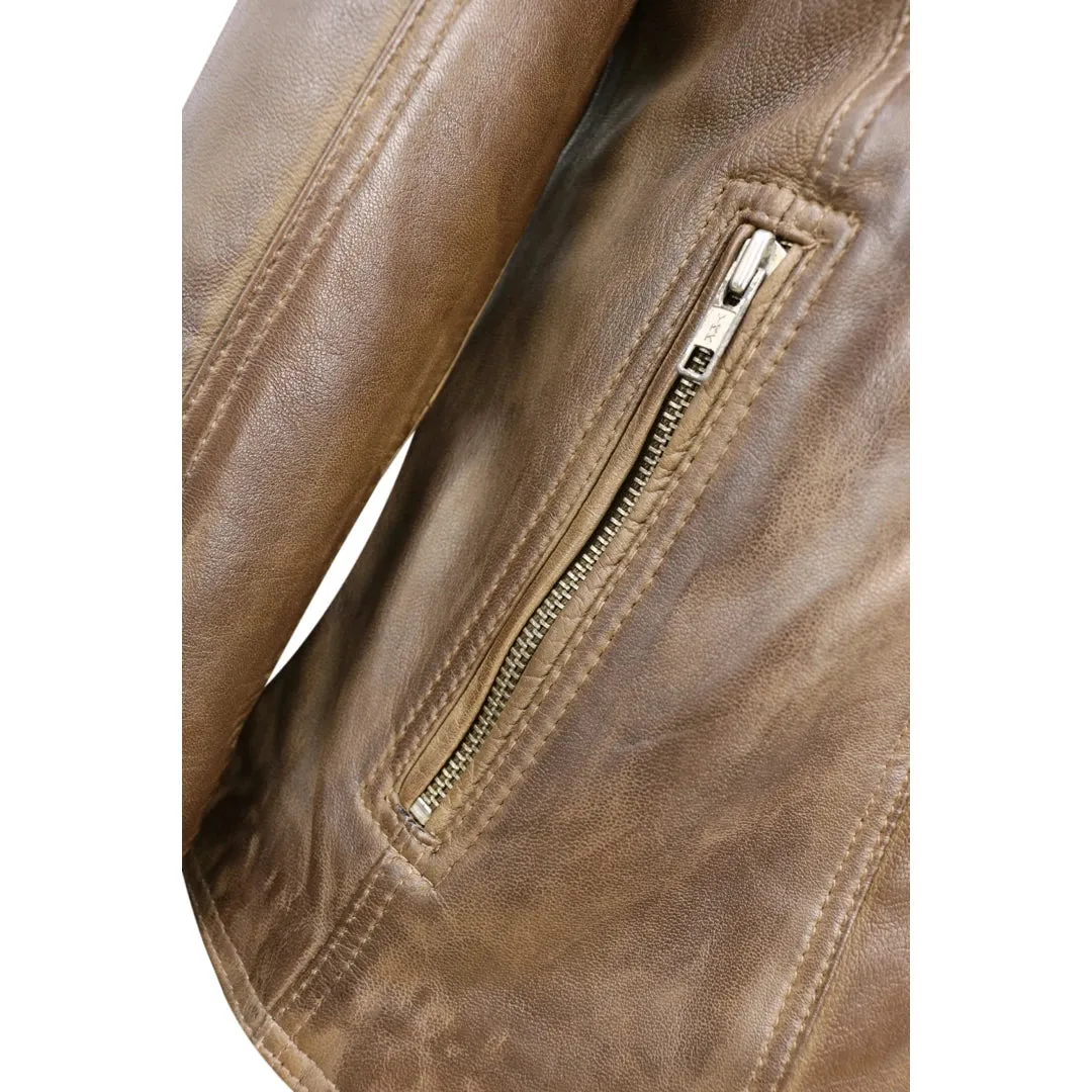 Women's Cross Zip Brown Biker Jacket Washed Soft sold by Tru Clothing product image thumbnail 5